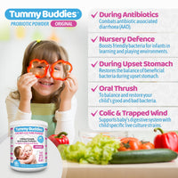 Tummy Buddies Probiotic Powder for Babies, Children and Mums - 7 Strain Pro Bio Culture Complex with Prebiotics (FOS) – Gut Friendly Bacteria for Infants and Kids 0-12 Years – 60g - 60 Days Supply