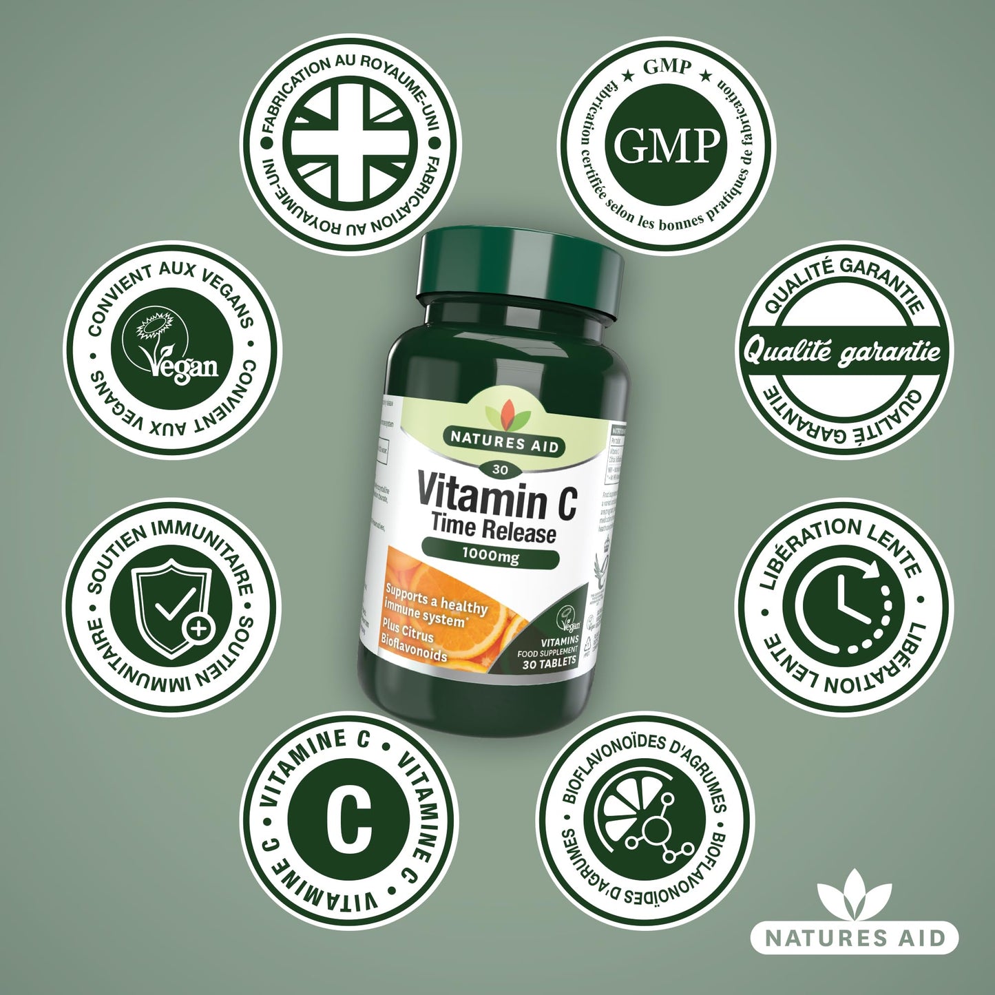 natures aid Natures Aid Vitamin C, Time Release 30 Tablets, 1000 mg (with Citrus Bioflavonoids, Slow Release, for the Normal Function of the Immune System, Vegan Society Approved, Made in the UK)