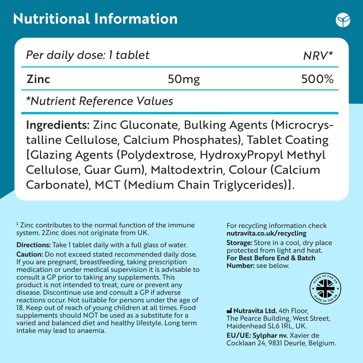 Nutravita Zinc Tablets 50mg – 120 High Strength Vegan Tablets (4 Months Supply) – Highly Absorbable Zinc Supplements for Maintenance of Normal Immune System, Bones, Hair, Skin & Nails – Made in UK