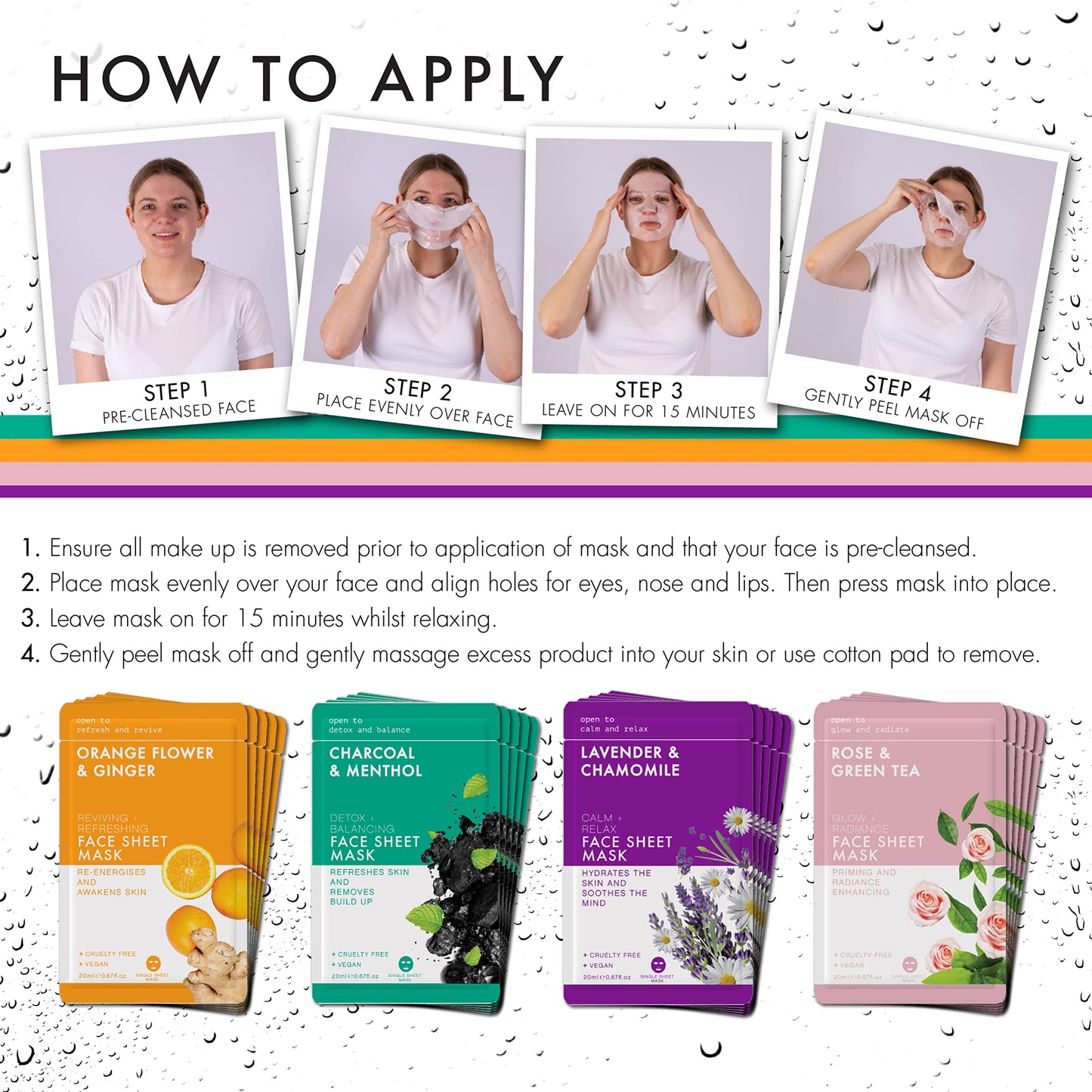 Pack of 20 Happy Skin Sheet Face Masks for all Skin Types | Over 1 Million Sold | x5 Detoxifying Charcoal | x5 Brightening Rose & Green Tea | x5 Lavender & Chamomile | x5 Vitamin C Orange & Ginger