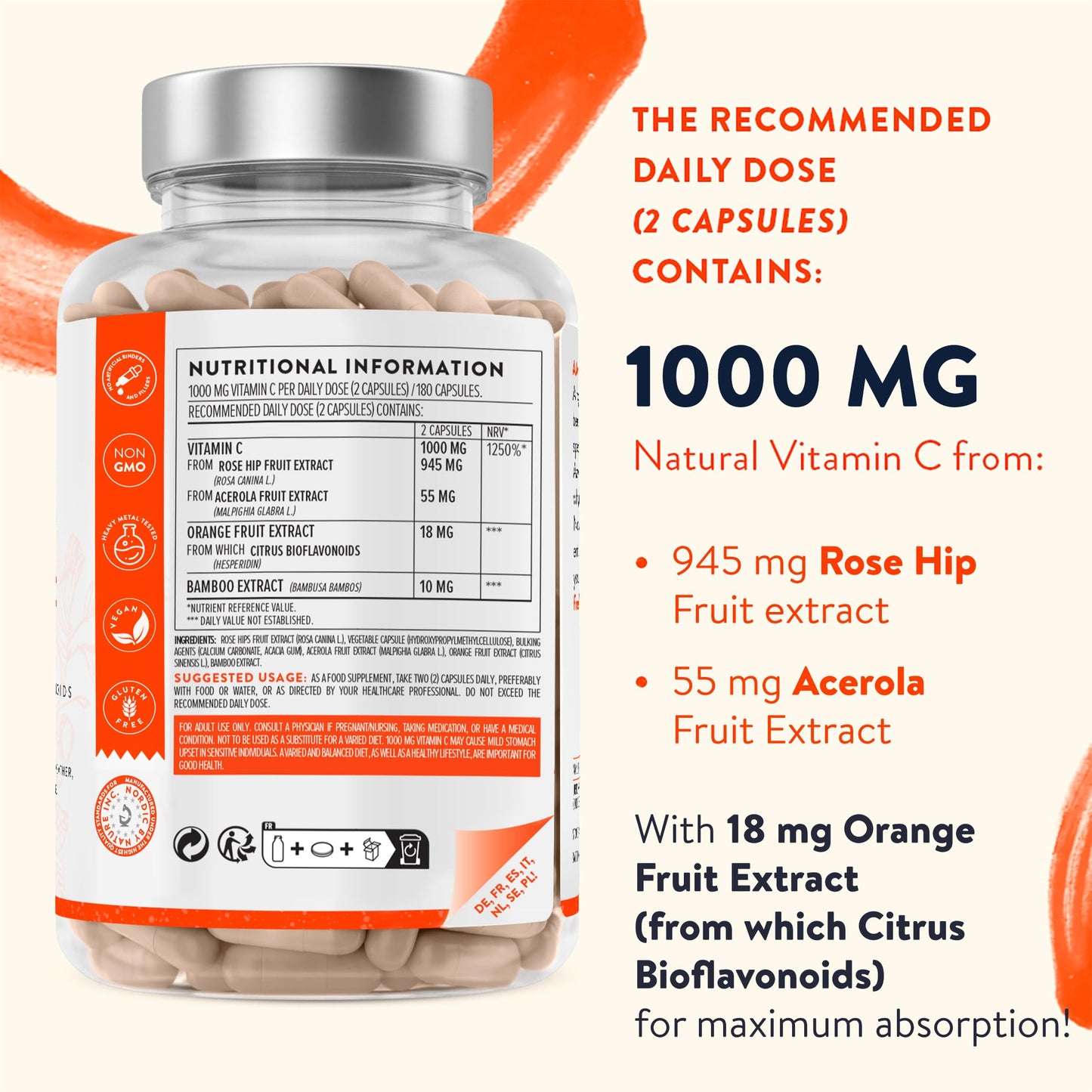 Natural High Strength Vitamin C 1000mg -180 Vitamin C tablets - 100% Vegan Acerola Fruit Extract - with Citrus Bioflavonoids and Rosehip - Vitamin C Capsules -Supports Immune Function- 3 Months Supply