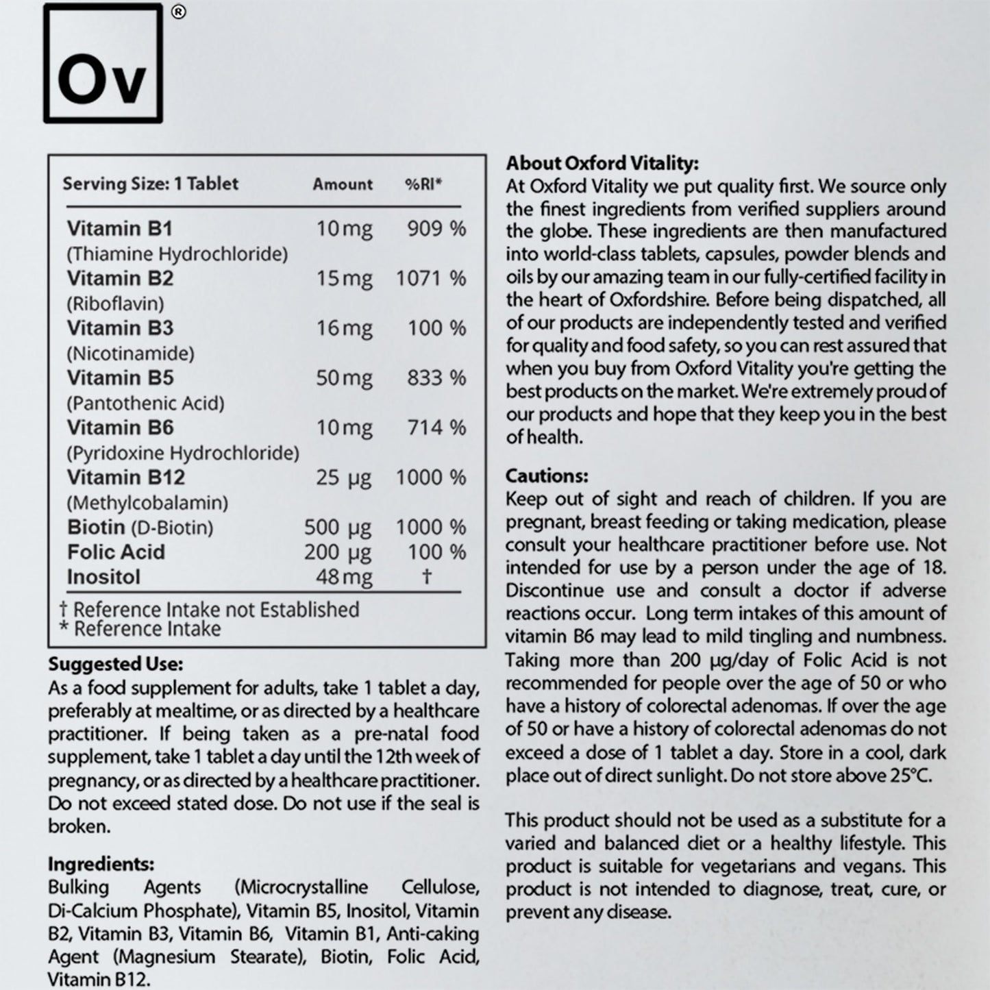 Ov OXFORD VITALITY Vitamin B Complex Tablets - Full Spectrum One a Day B Vitamin Supplements - Vitamins B1, B2, B3, B5, B6, B12, D-Biotin, inositol and Folic Acid by Oxford Vitality