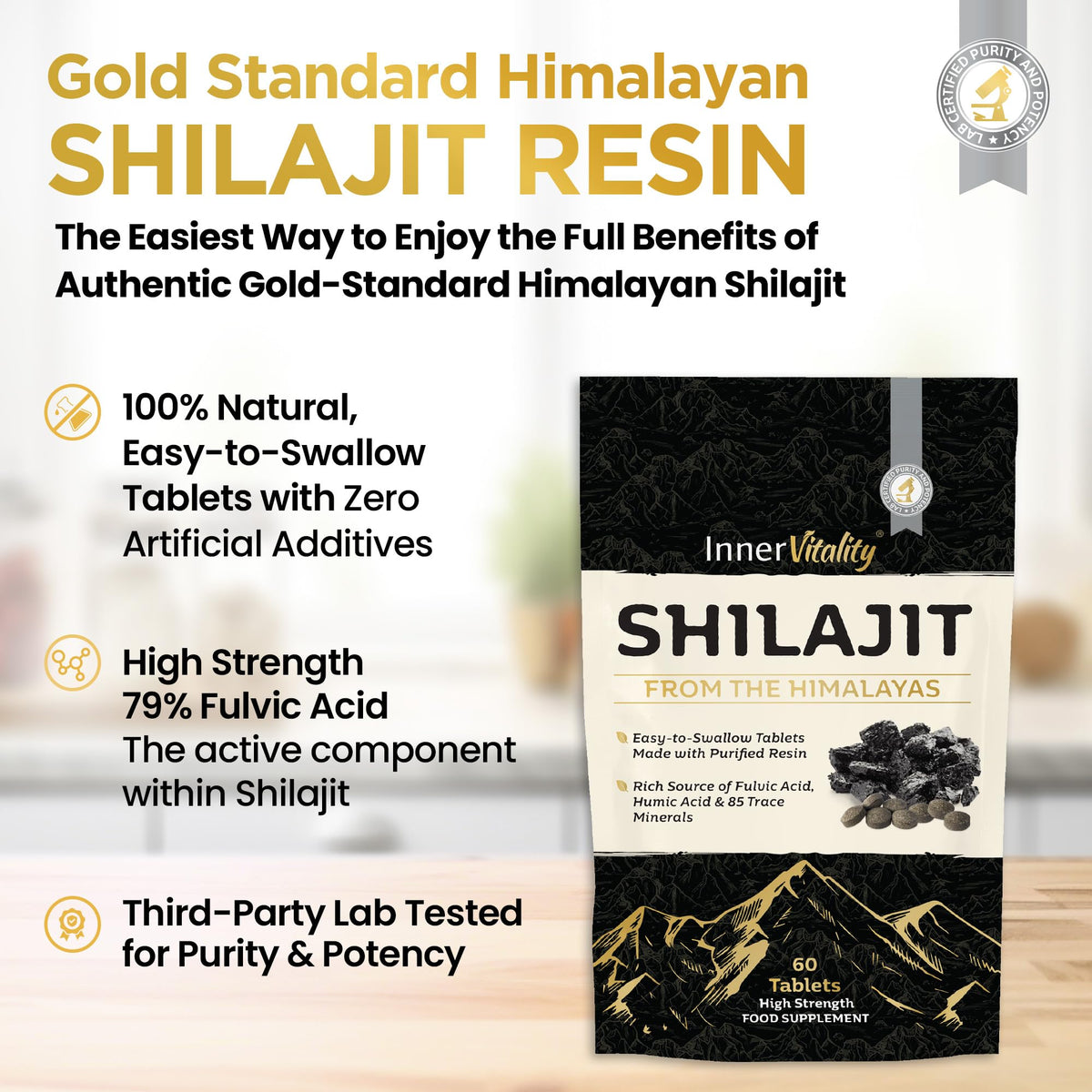 Shilajit Resin Tablets Gold Standard Himalayan Shilajit 79% Fulvic Acid, Third-Party Tested. 60 Tablets - Minerals, Immune System & Energy by Inner Vitality