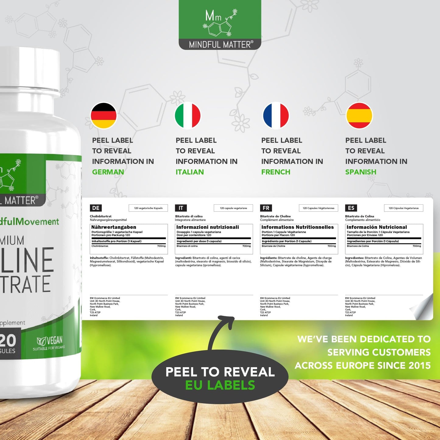 Mindful Matter MM Choline | 120 High Strength Vegan Choline-Supplement Capsules - 700mg Coline Bitartrate per Serving | Non-GMO, Gluten & Allergen Free | Manufactured in the UK