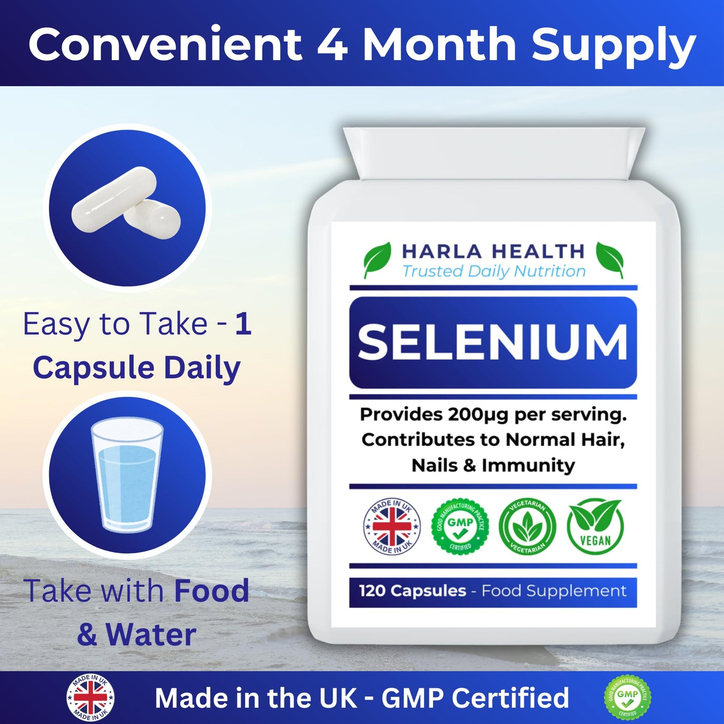Harla Health Selenium 200µg – 120 Vegan Capsules (4-Month Supply) | Immune System, Thyroid Function & Antioxidant Support | UK Made, GMP Certified