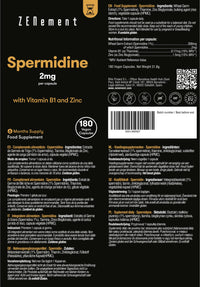 Spermidine, 2mg per Capsule with Vitamin B1 and Zinc | 180 Wheat Germ Extract Capsules | Mitochondrial Rescue, Immune System and Cell Renewal | Vegan, Additives Free | Zenement