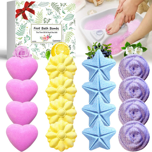 Lanwexy Bath Foot Bombs, 16 Pack Foot Soak with Bath Salt and Tea Tree Oil. Organic Natural Handmade Aroma Pure Essential Oil Bubble Foot Balls for Foot Callus, Dry Cracked, Stubborn Foot Odor Scent.