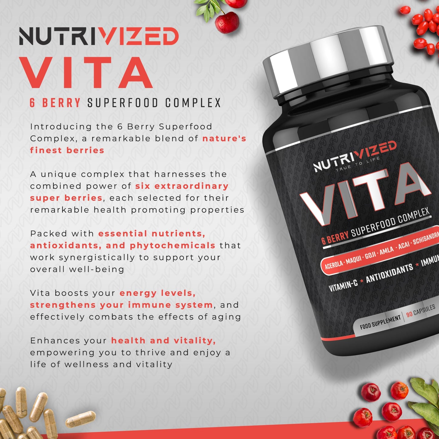 Nutrivized Vita - 6 Berry Complex with Acerola Cherry, Maqui Berry, Acai Berry, Amla Berry, Goji Berry & Schisandra High in Vitamin C and antioxidants