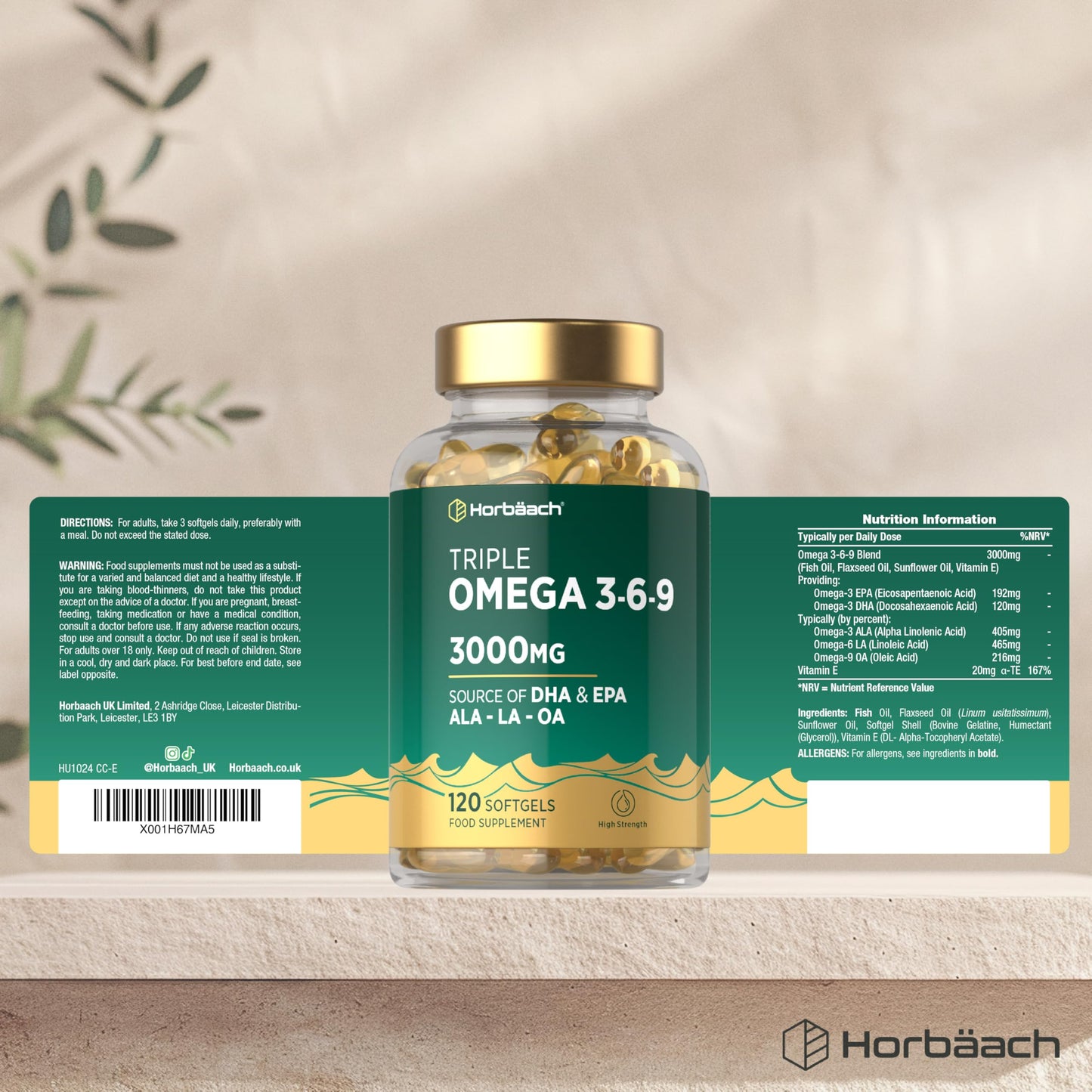Horbäach Triple Omega 3 6 9 Capsules 3000mg ALA, LA & OA | 120 Softgels | High Strength EPA & DHA Essential Fatty Acids | Supplement with Fish Oil, Flaxseed & Sunflower Oil | by Horbaach