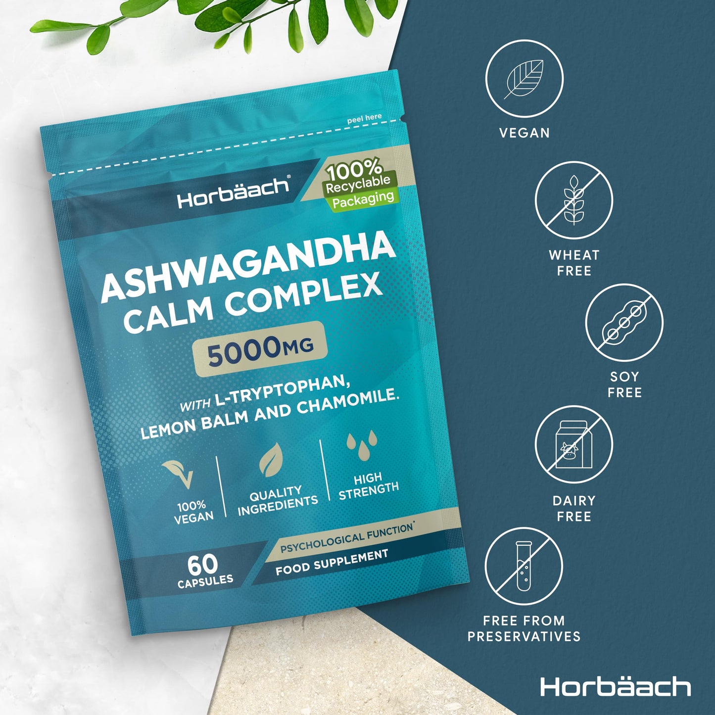 Horbäach Ashwagandha Capsules 5000mg | Calm Complex with High Strength B Vitamins (B1, B2, B3, B6 & B12) and Amino Acids | Formula for Men & Women | 60 Vegan Capsules | by Horbaach