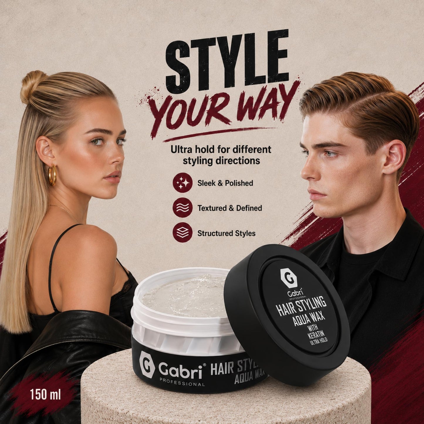 G Gabri Gabri Hair Styling Wax 150ml, Hair Gel Wax, Edge Control, Maximum Control and Long Lasting, Men & Women Hair Wax (Keratin Ultra Hold)