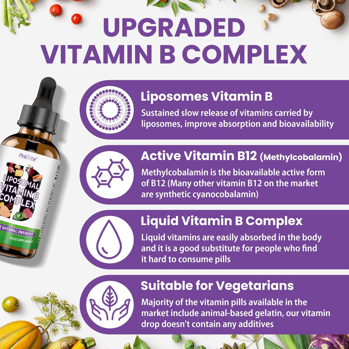P!nkTribe Liposomal Vitamin B Complex Liquid - High Strength B-Vitamin Complex Drops, Supports Immune System and Energy Levels, 60ml (Pack of 1)