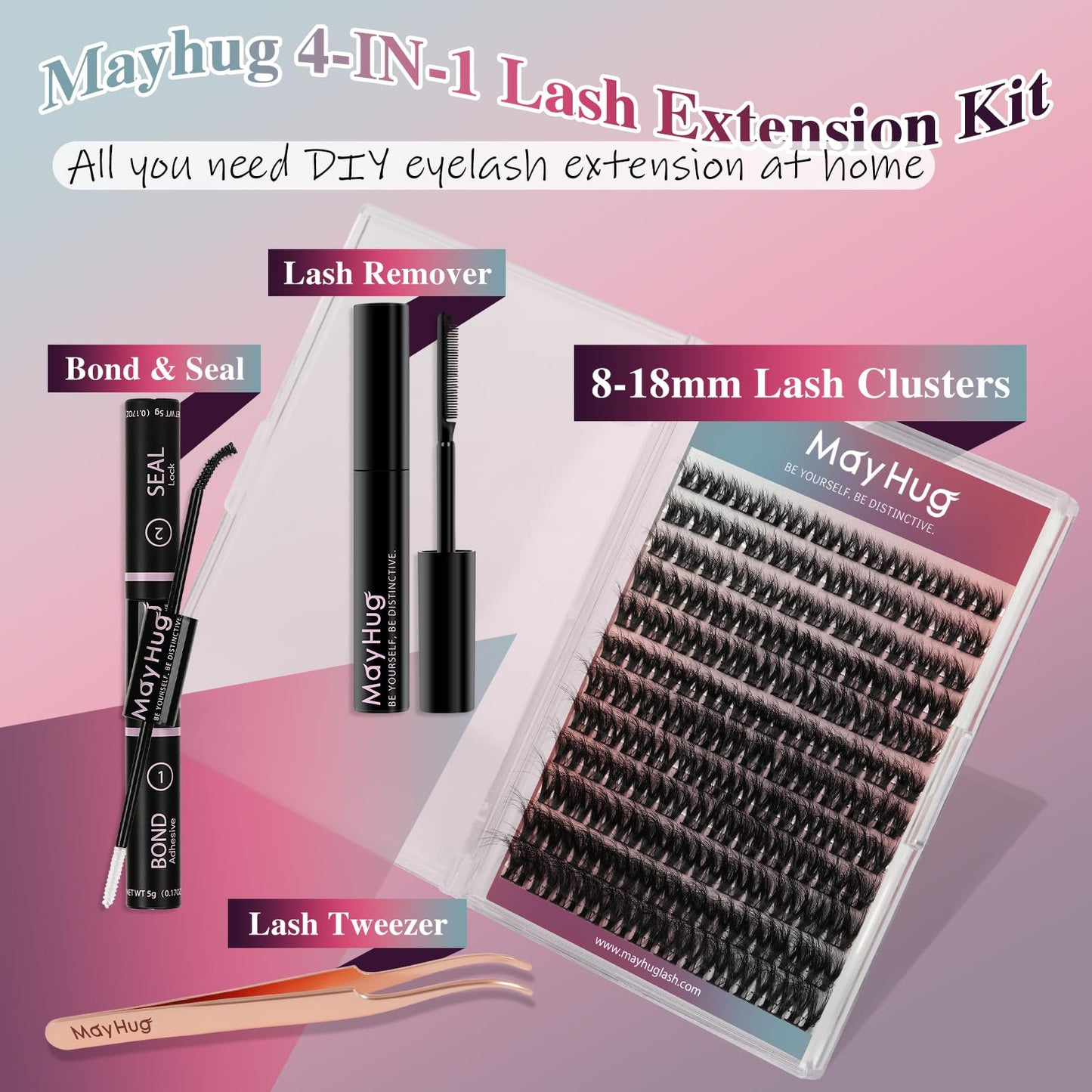 Mayhug MayHug Cluster Lashes 3D Wispy Cluster Lashes Kit Waterproof Lash Clusters 8-18MM C Curl Lashes Cluster 144Pcs Individual Eyelashes Kit with Remover, Bond and Seal (Prism, 4 In 1)