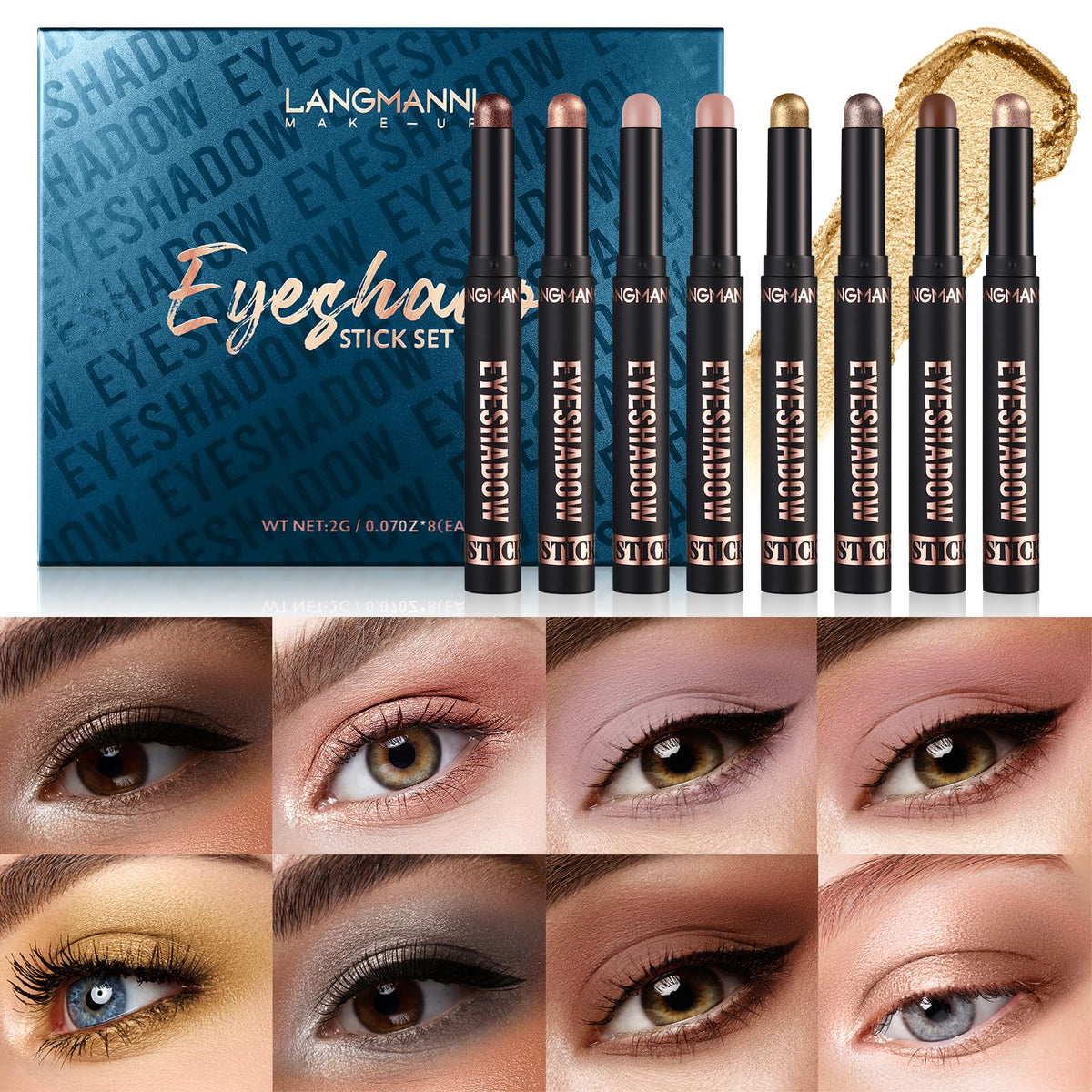 LANGMANNI 8Pcs Eyeshadow Stick Gift Set,Soft Smooth Cream With Matte Earth & Metal Colors, Waterproof & Long-Lasting, Beauty & Personal Care Eye Shadow Stick For Daily Makeup & Special Occasions (#B)