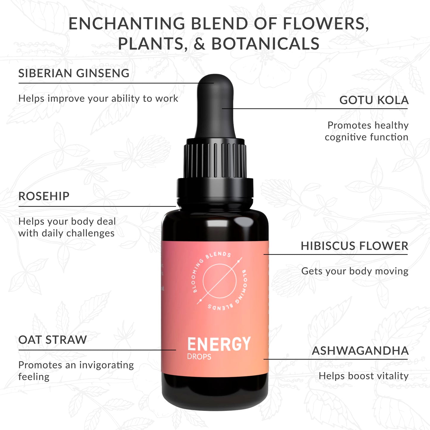 Energy Boost Tincture - Liquid Supplement for Body Recharge - Natural Herbal Drops with Hibiscus, Siberian Ginseng, Oat Straw, Rosehip, Gotu Kola, & Ashwagandha - ENERGY Drops by Blooming Blends, 30ml