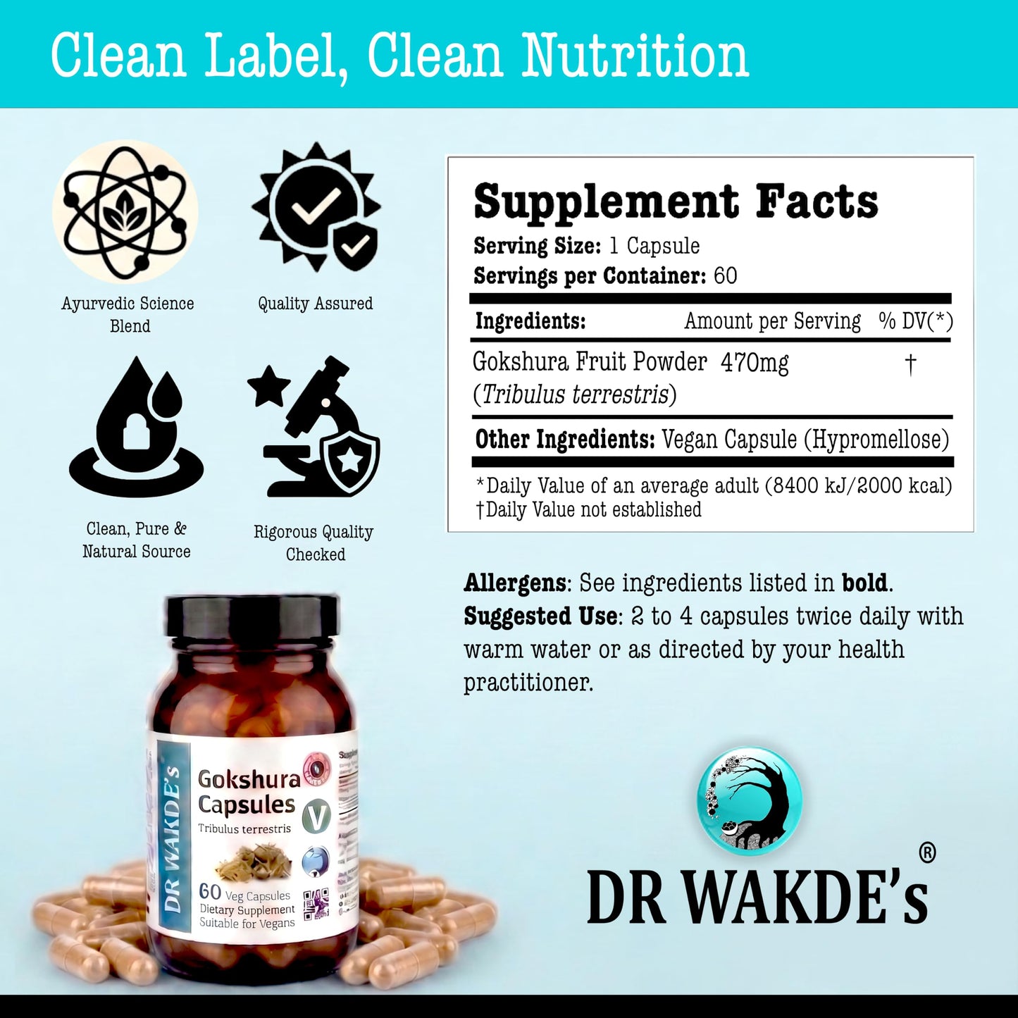 DR WAKDE's DR WAKDE'S Gokshura Capsules (Tribulus terrestris) - 60 Veg Caps | 100% Pure, All-Natural | Vegan, Plant-Based, Supports Vitality and Urinary Health