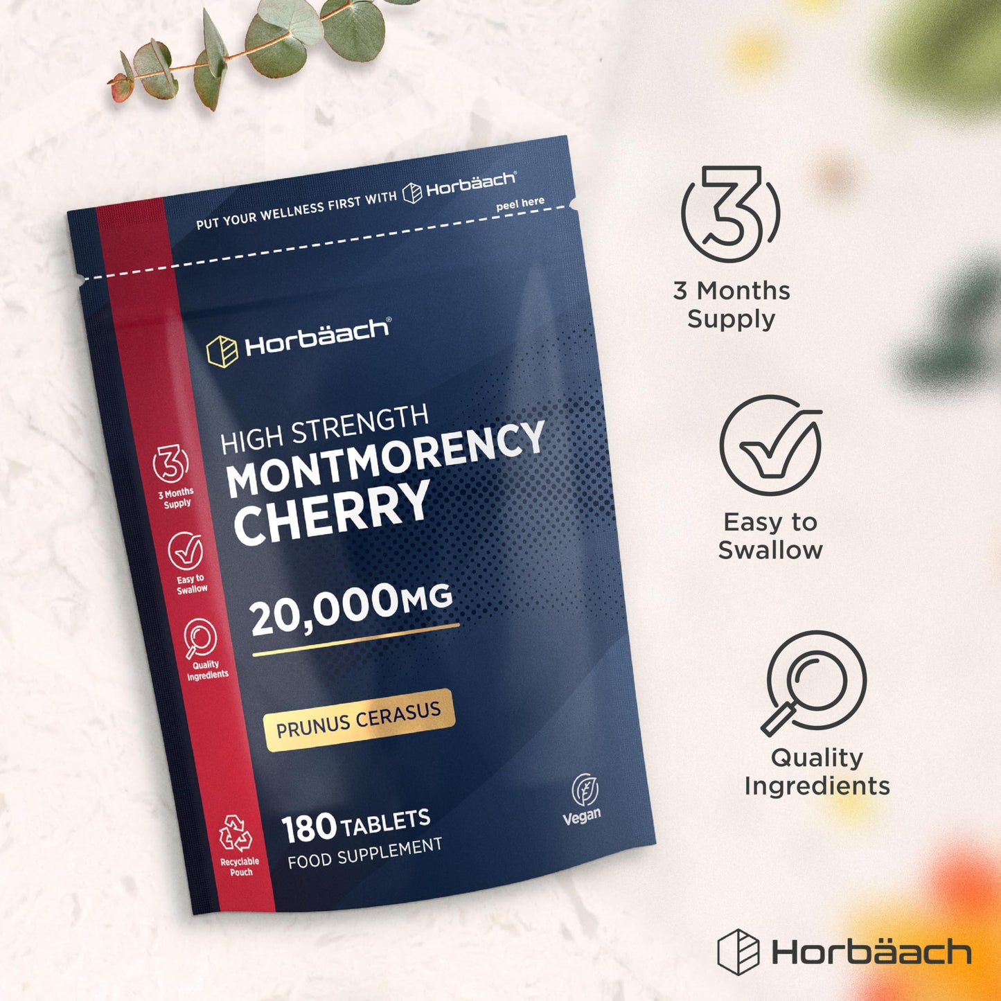 Horbäach Montmorency Cherry Tablets 20,000mg | 180 Tart Cherry Active Pills - 3 Months Supply | 50:1 Natural Tart Cherry Extract Supplement for Men & Women | Vegan | by Horbaach