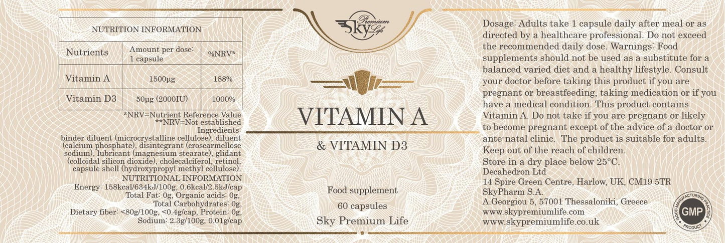 Sky Premium Life Vitamin A - 60 Vitamin A Capsules with Vitamin D3 to Maintain Immune System and Vision - 2 Months Supply