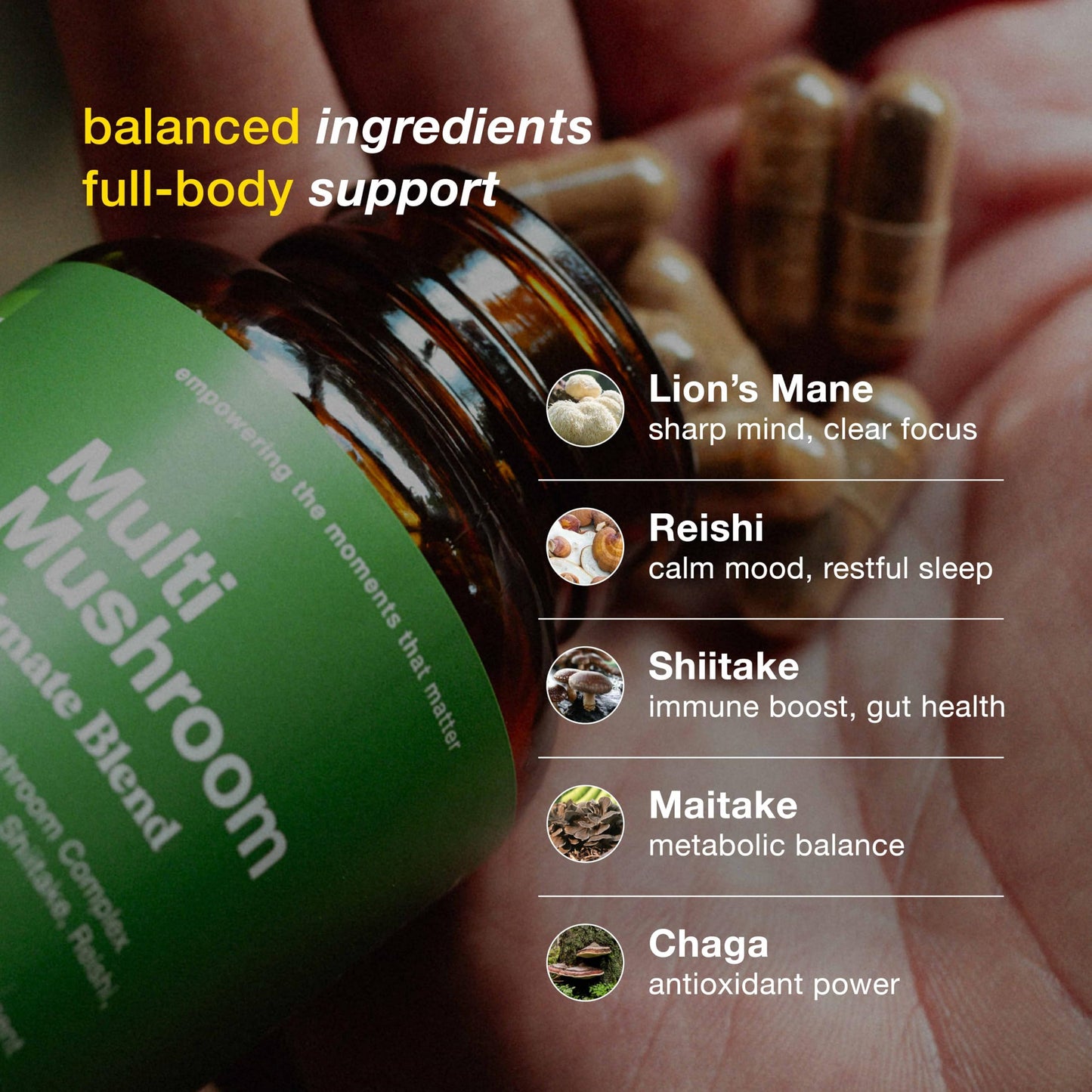 fourfive Multi Mushroom Supplement (10000mg) Ultimate Blend with Reishi, Lion's Mane, Chaga, Maitake & Shiitake, Optimum Daily Dose - 60 Capsules
