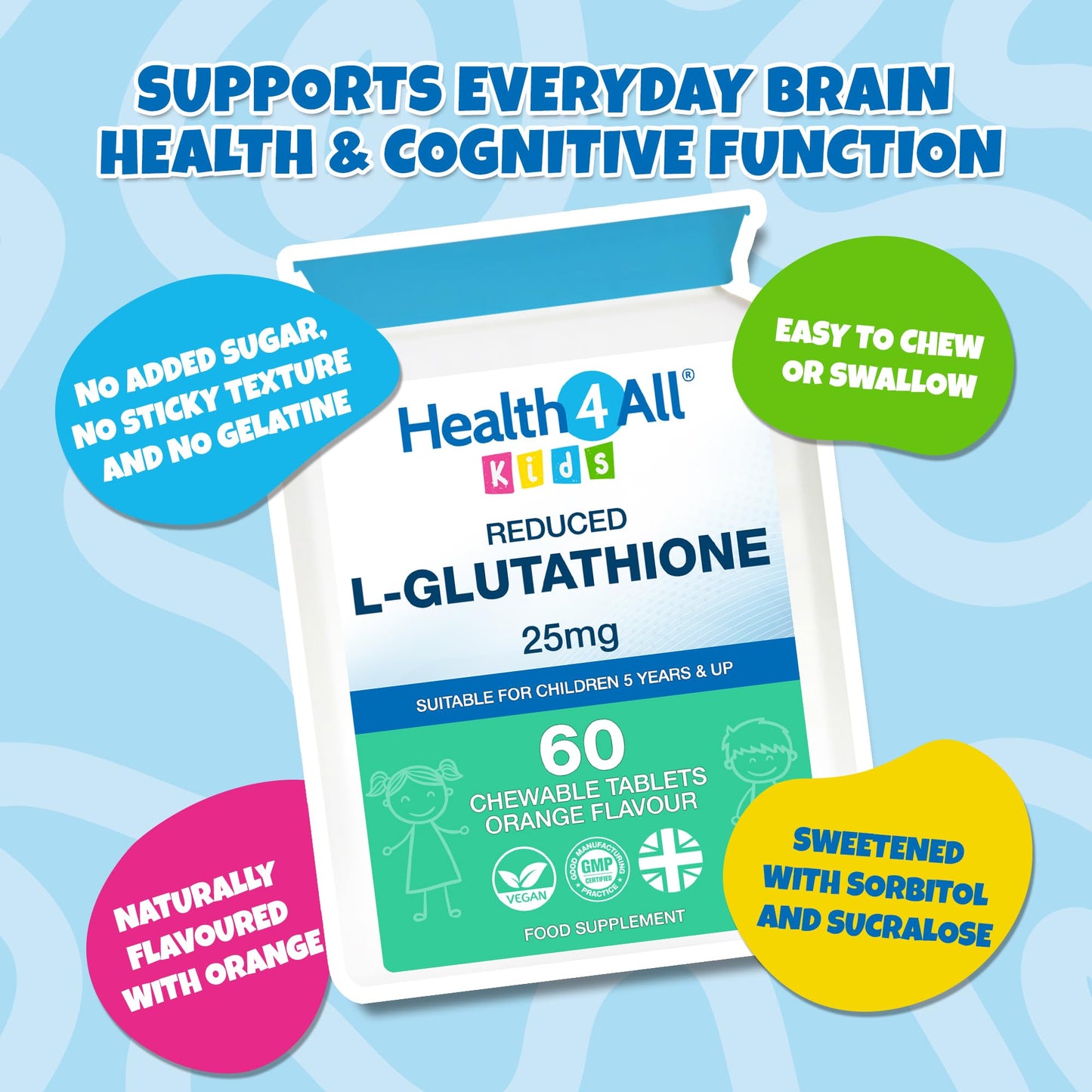 Health4All Kids L-Glutathione 25mg 60 Chewable Tablets, Reduced Glutathione (GSH) Antioxidant and Detox Support Supplement for Children 5+, Natural Vegan Orange Flavour, Sugar-Free | Made in UK