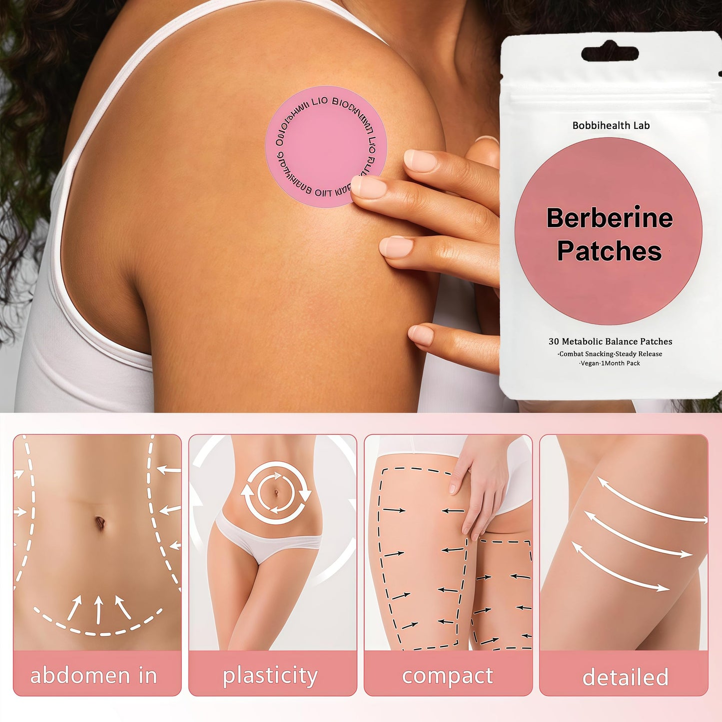 Curlady Bobbihealth Lab Weightless Berberine Patches, Healthy Shape Support, Botanical Plant-Based Formula with Berberine, Chromium, Vitamin B Complex, L-Glutamine, 30/60 Vegan Patches