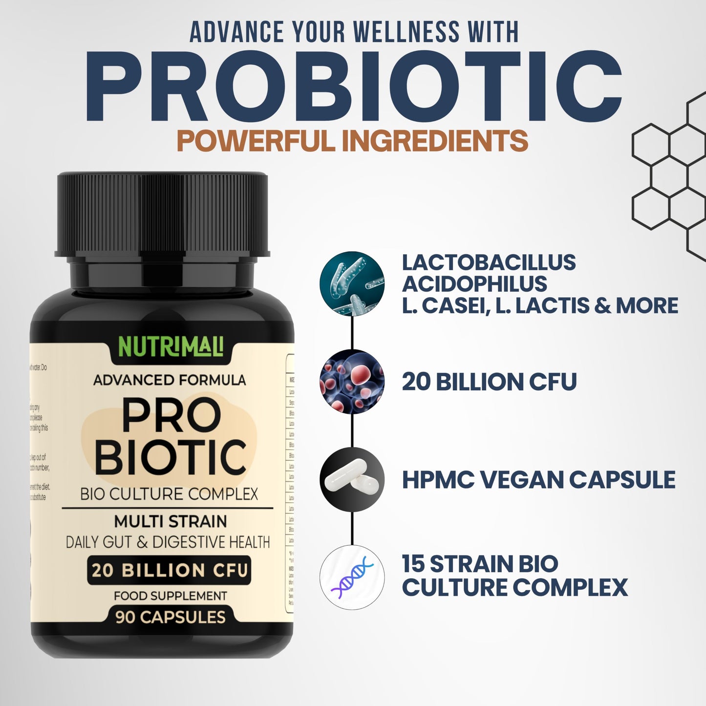 NutriMali Probiotics – Advanced Bio Culture Complex | 20 Billion CFU – 15 Strain Daily Gut & Digestive Health Supplement | 3 Month Supply – 90 Vegan Capsules | Ideal with Prebiotics – Made in UK