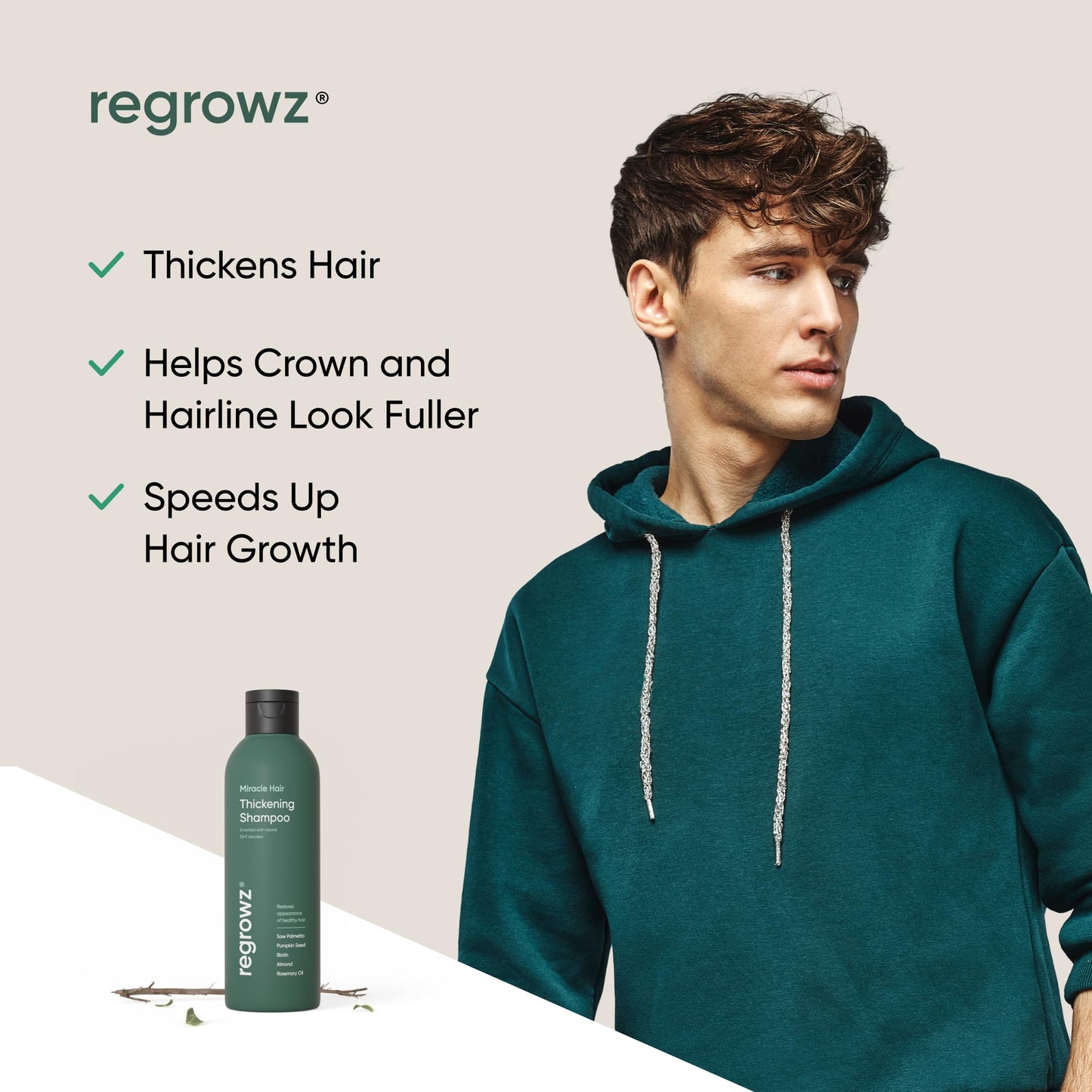 Regrowz Organic Hair Thickening Shampoo with Biotin & Rosemary Oil - 225ml - Pack of 2 - Natural Anti Hair Loss Treatment - Suitable for Men & Women