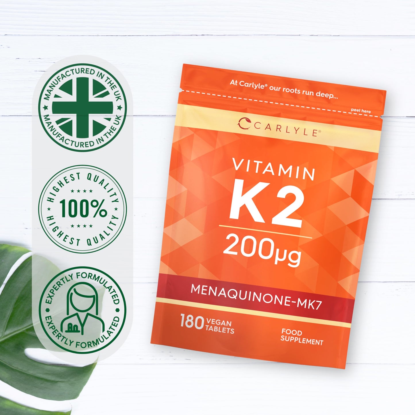 Vitamin K2 MK7 200ug | 180 Vegan Tablets | Menaquinone-MK7 | Contributes to Normal Blood Clotting and Bone Support | Suitable for Vegetarians and Vegans | by Carlyle