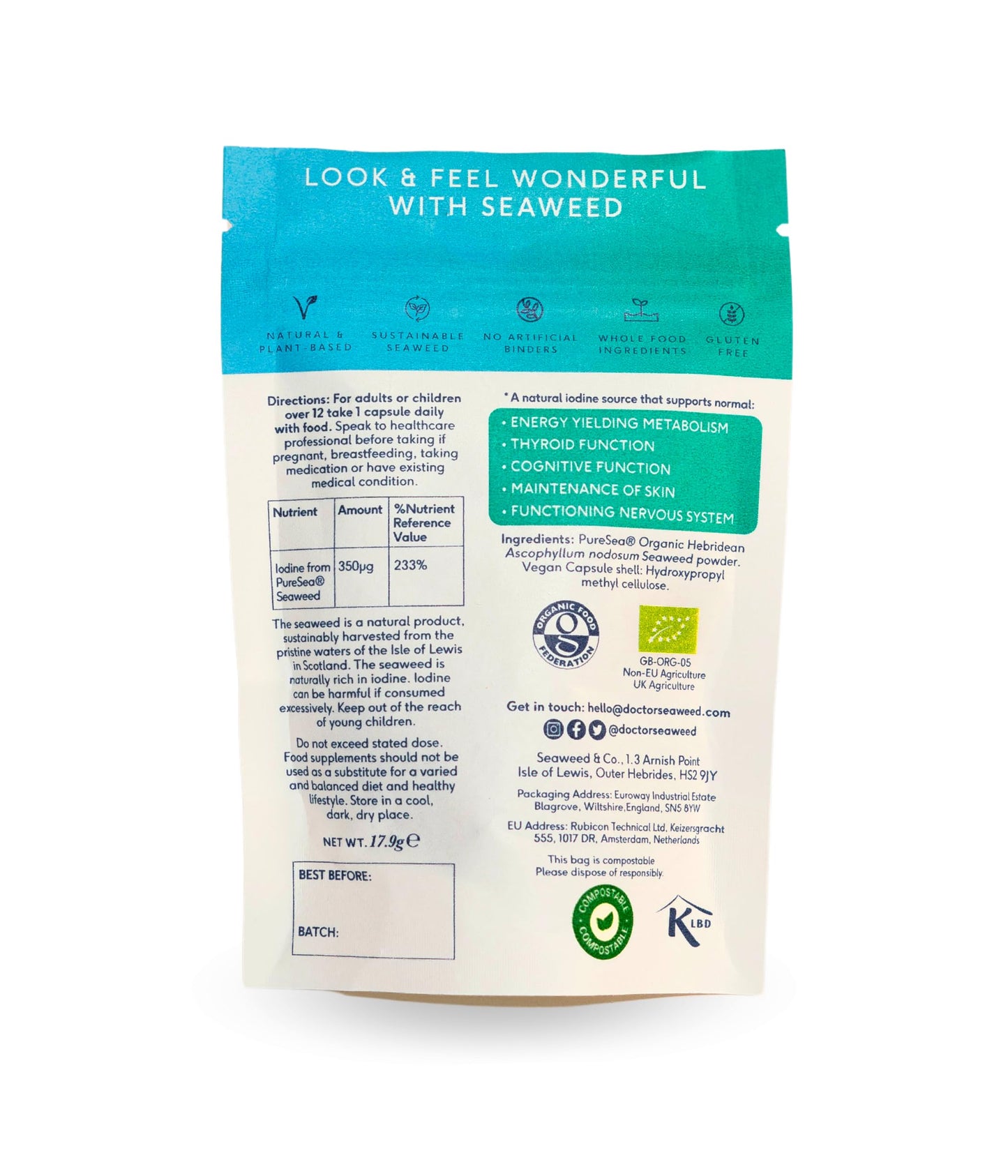 WEED & WONDERFUL Pure Seaweed Capsules | 1 Months Supply | 100% Organic Scottish Seaweed | Thyroid Support | Weight Management | Plant Based