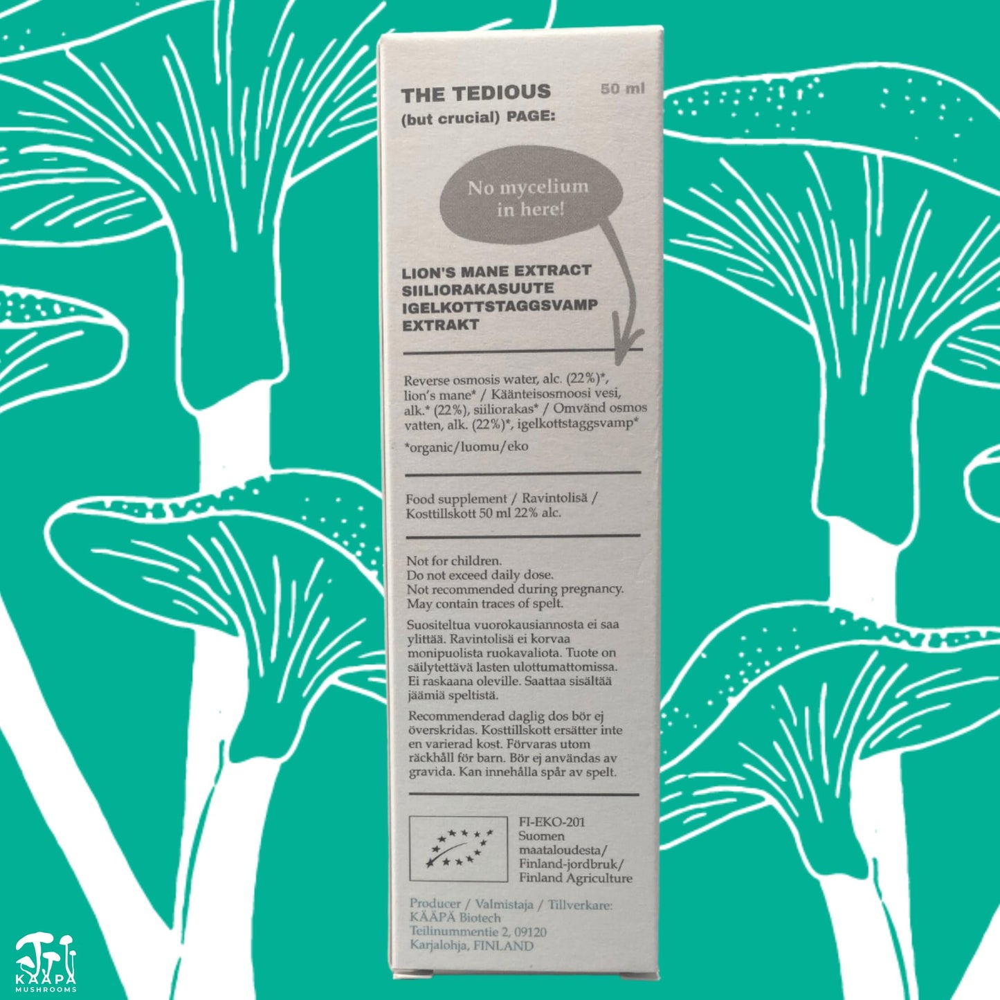 KAAPA MUSHROOMS ORGANIC LIONS MANE MUSHROOM EXTRACT TINCTURE | Unique & Potent Triple Extraction Method | Grown in Finland | Mushroom Supplement for Cognitive Function, Brain & Memory | 50ml