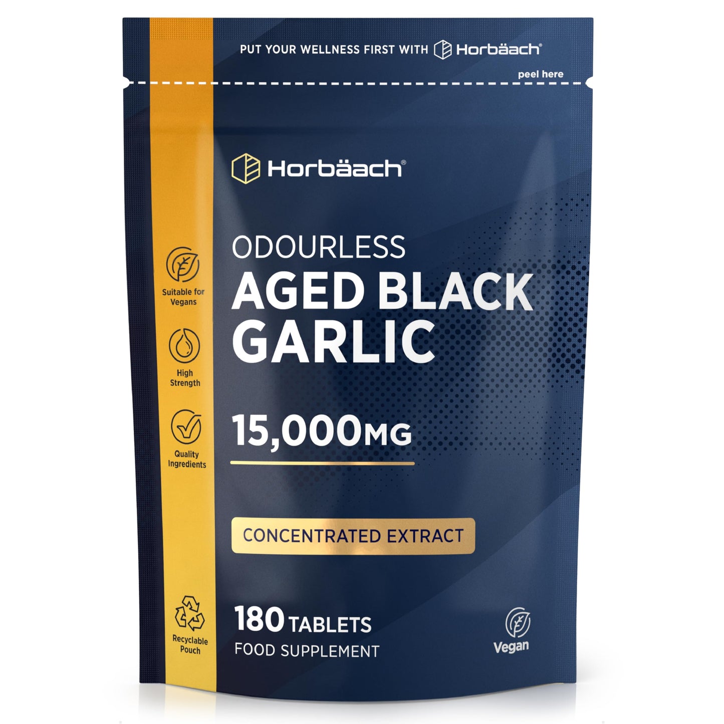 Horbäach Black Garlic Tablets 15,000mg | 180 Count | High Strength Odourless Concentrated Extract (100:1) | Aged Black Garlic Vegan Supplement | by Horbaach