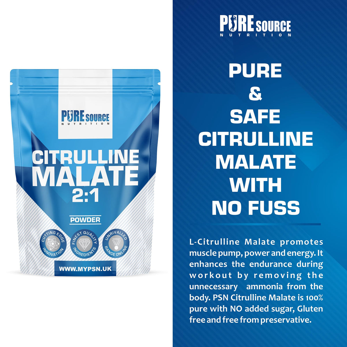 Citrulline Malate Powder 2:1 Non Stim Pre-Workout Supplement, Nitric Oxide Booster Amino Acid Powder L-Citrulline Malate Caffeine Free by Pure Source Nutrition (250g)