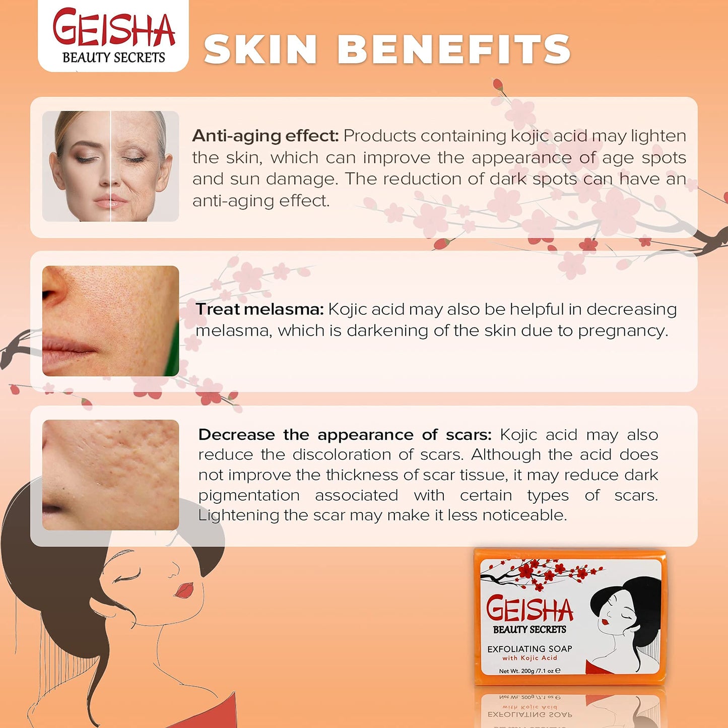 Geisha, Kojic Acid Soap - 7 oz / 200g - BIG SIZE Skin Brightening Bar, Helps to Reduce Pigmentation on: Face, Body, Hands, Knuckles, with Coconut Oil