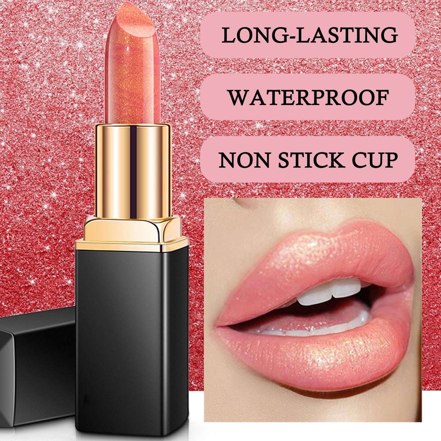 GEEWHILE Lipstick, Glitter Metallic Lipstick, Shimmer Non-Stick Cup Pink Lipstick, Long Lasting, Waterproof Hydrating Lip Stick Lip Gloss, Not Fade Non Drying Lipstick for Girls Women