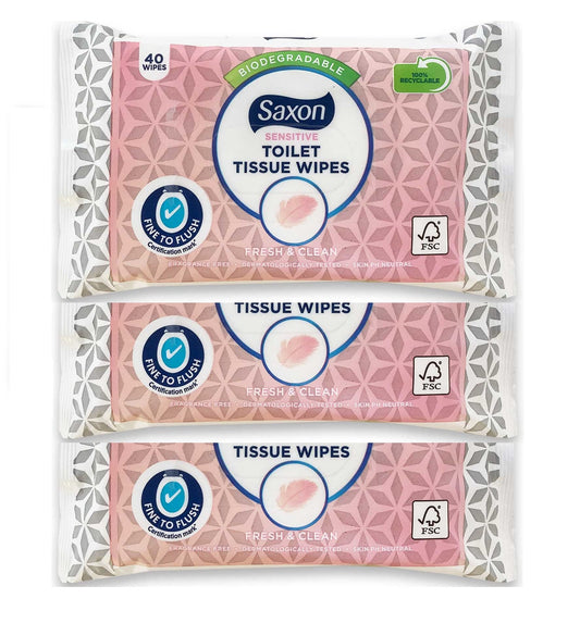Aldi Toilet Tissue Wipes Biodegradable, Normal/Sensitive, Fresh and Clean with Micellar Water - Fine To Flush (3 Pack - 120 Wipes) (Sensitive)
