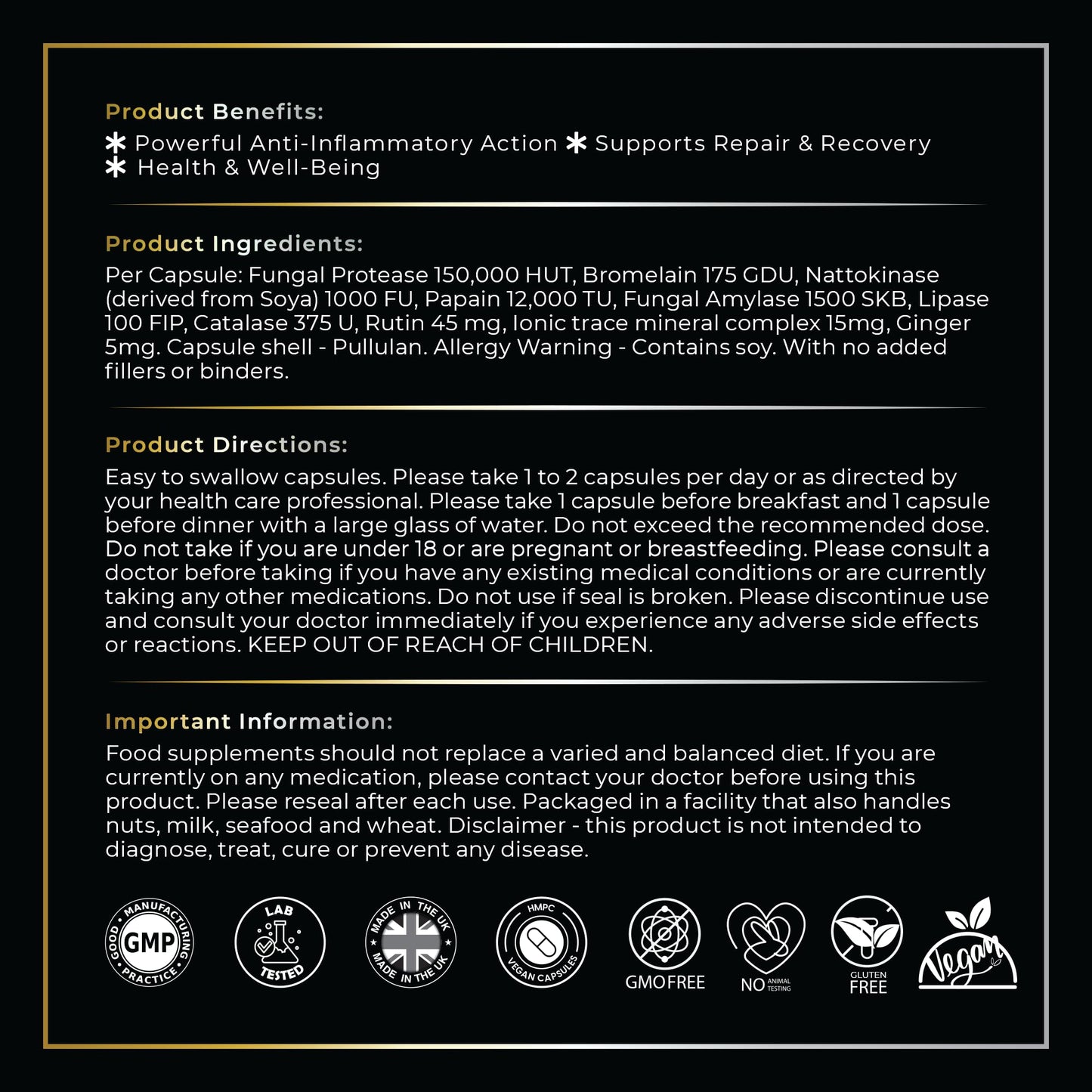 Bolman Health Systemic Proteolytic Enzymes | UK Made | Mixed Enzyme Formula | 60 HMPC Vegan Friendly Capsules | Repair & Recovery | No Addictives