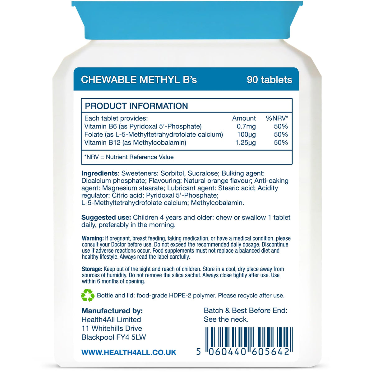 Health4All Kids Methyl B's 90 Chewable Tablets, Stress & Mood Support for Children 4+