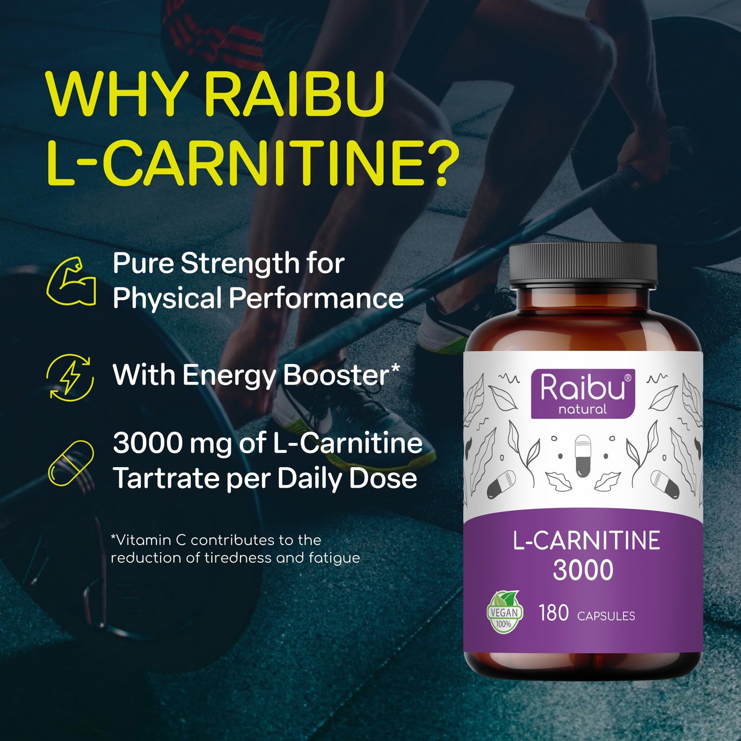 RAIBU L-Carnitine 3000-180 High-Strength Capsules - L-Carnitine Tartrate 3000mg per Daily Dose - Energy & Metabolism Support - Vegan, Natural & Laboratory Tested - Raibu