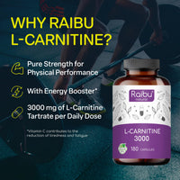 RAIBU L-Carnitine 3000-180 High-Strength Capsules - L-Carnitine Tartrate 3000mg per Daily Dose - Energy & Metabolism Support - Vegan, Natural & Laboratory Tested - Raibu