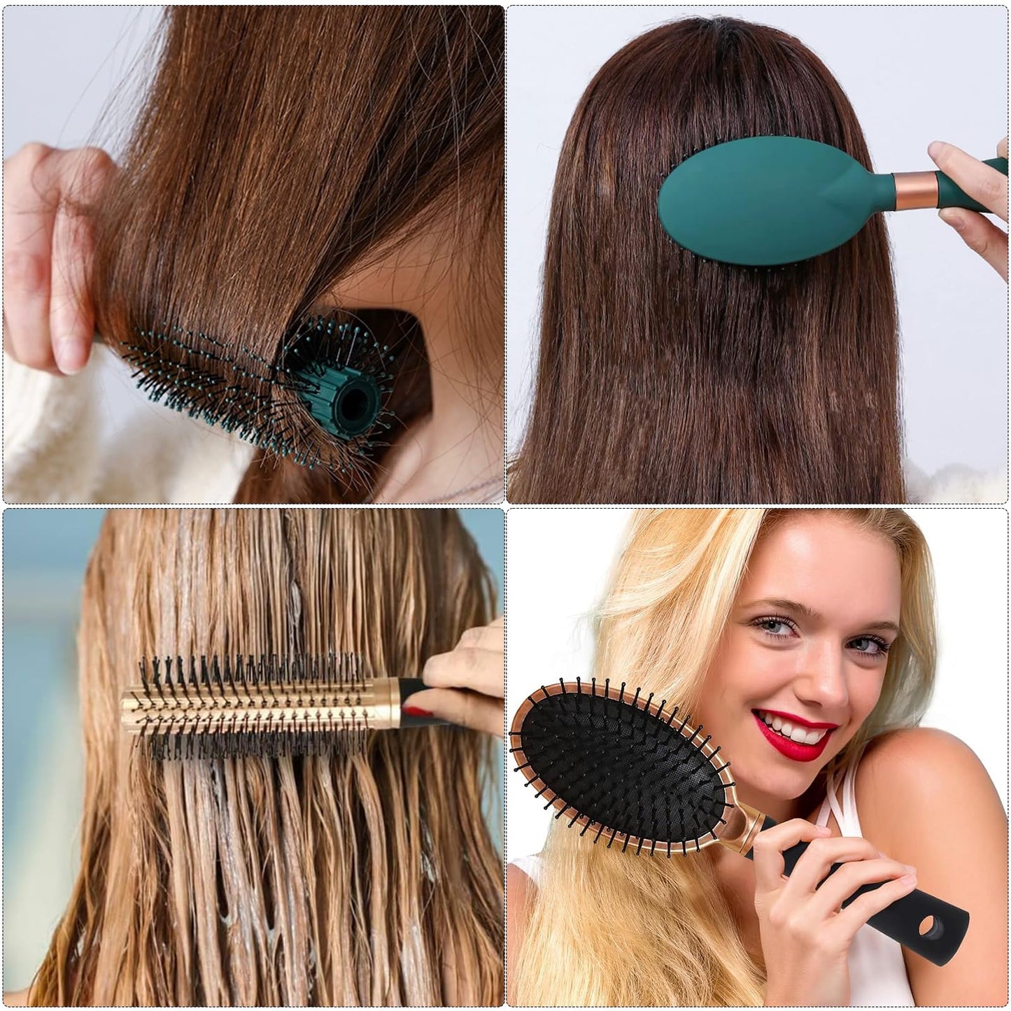 Hair Brush Set ，DDUP 4 PACK Anti Static Massage Oval Comb Round Vent Hair Brush，Detangling Brush ，Paddle Brush for Women Men （Green）