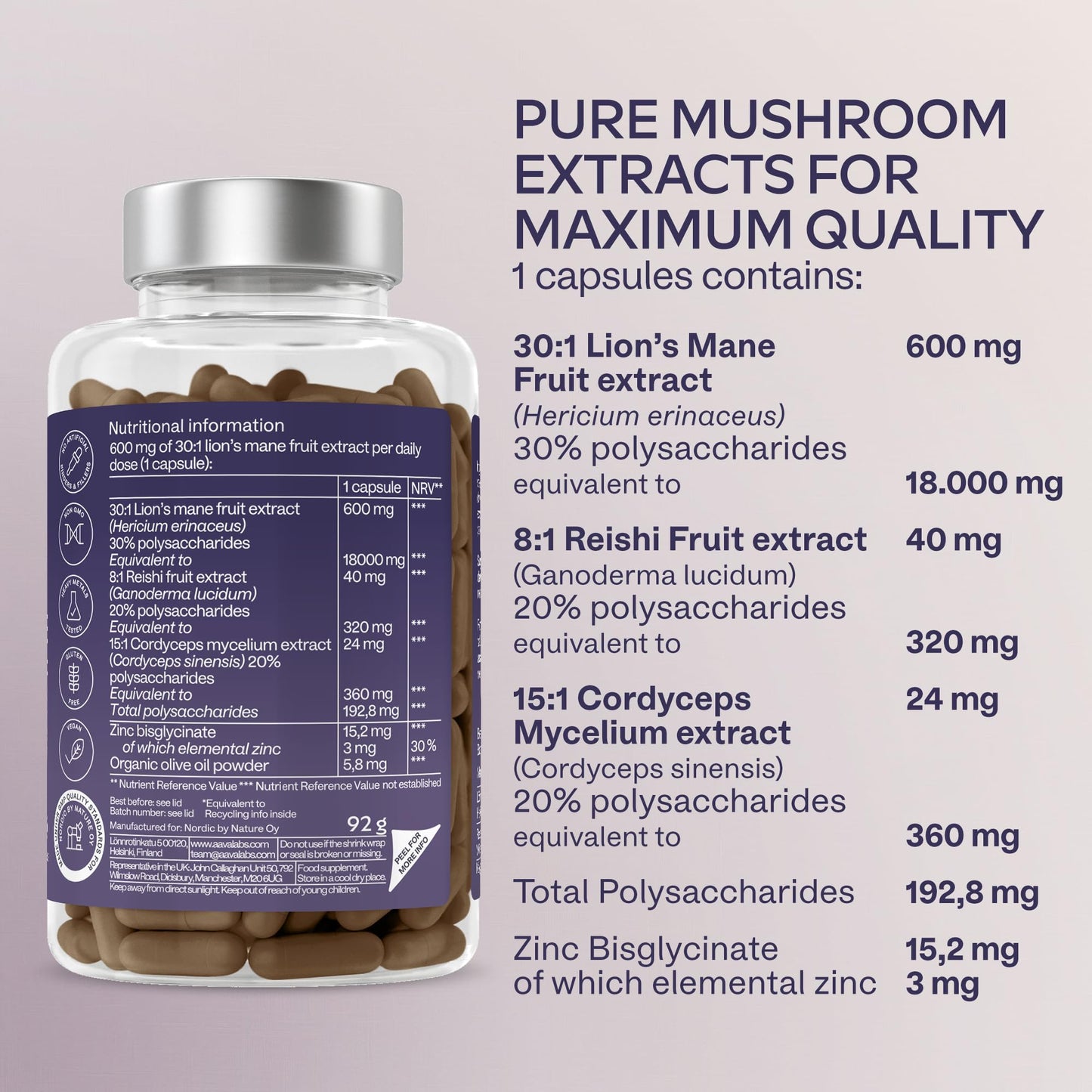 AAVALABS Lions Mane Supplement-18,000mg (30:1 Extract)+Zinc, Reishi & Cordyceps-3 Mushrooms Herbal supplements -Nootropic Complex Lion's Mane Mushroom Supplement-120 Lion's Mane Capsules(Not Lions Mane Powder)