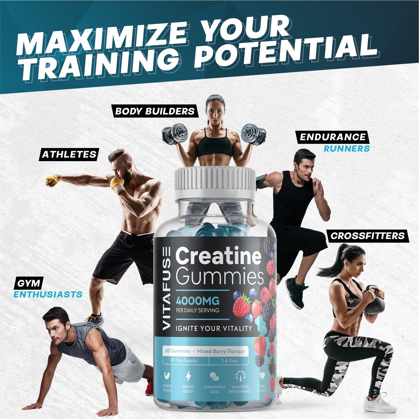 VITAFUSE Creatine Monohydrate Gummies | 4000mg Daily Serving Creatine Gummies in Mixed Berry Flavour | Creatine Gummies for Women & Men