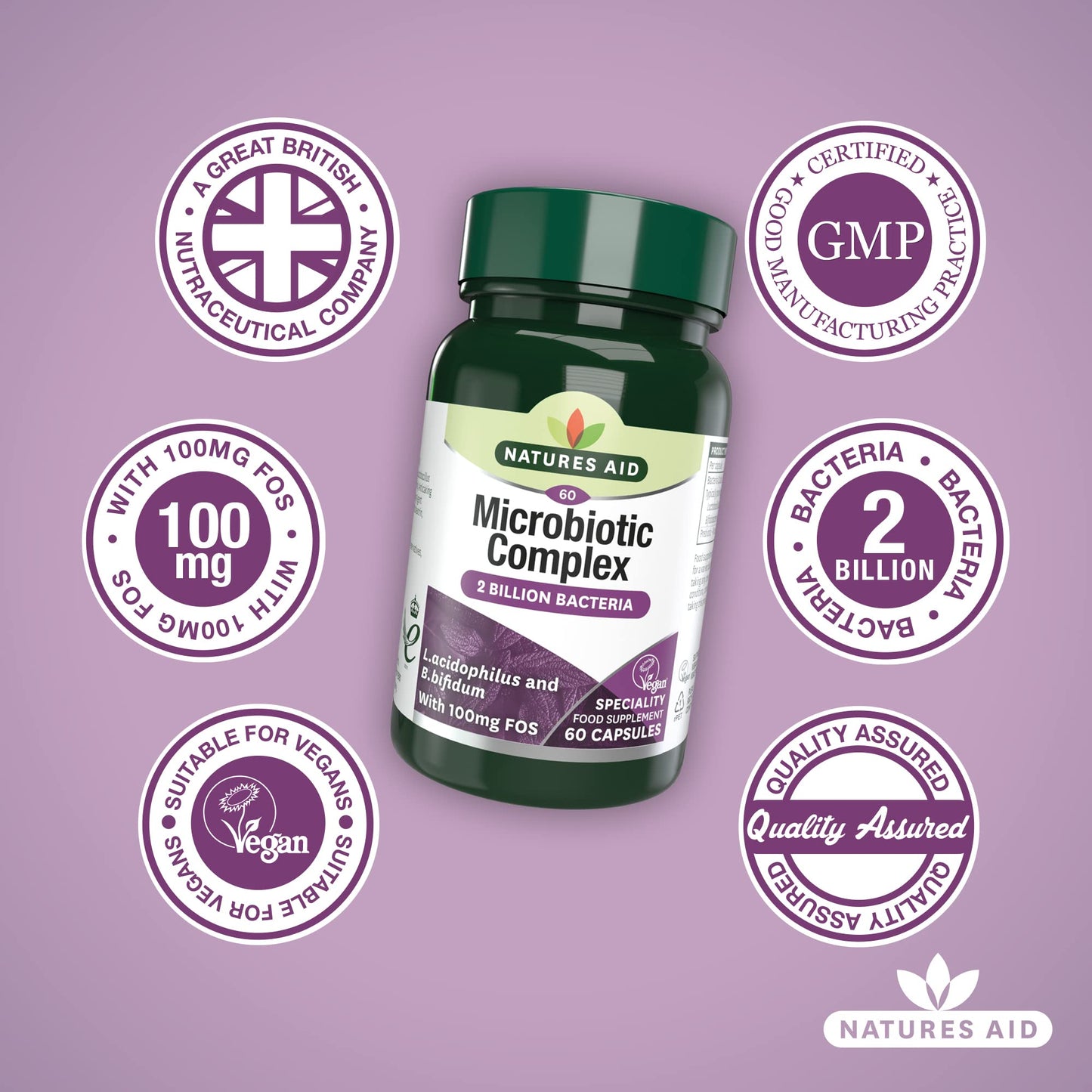 Natures Aid Microbiotic Complex – Digestive Friendly Bacteria Supplement Gut Health Support – High Strength Lactobacillus Acidophilus – Vegan, Vegetarian, Non-GMO, Gluten Free - 60 Capsules
