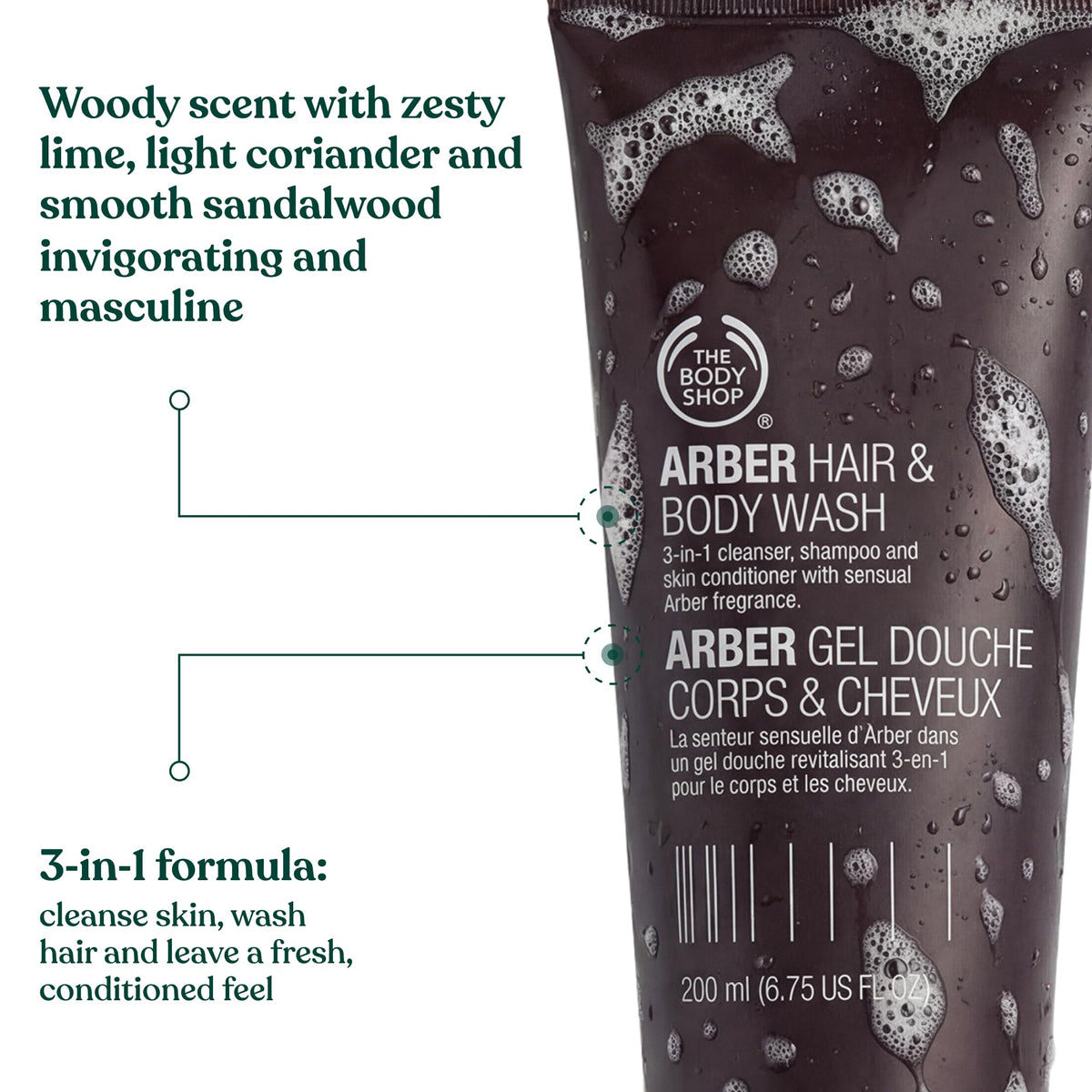 The Body Shop Arber Hair & Body Wash (1x 200ml), 2-in-1 Shampoo & Body Wash for Men, Sensual Woody Scent with Lime, Coriander & Sandalwood
