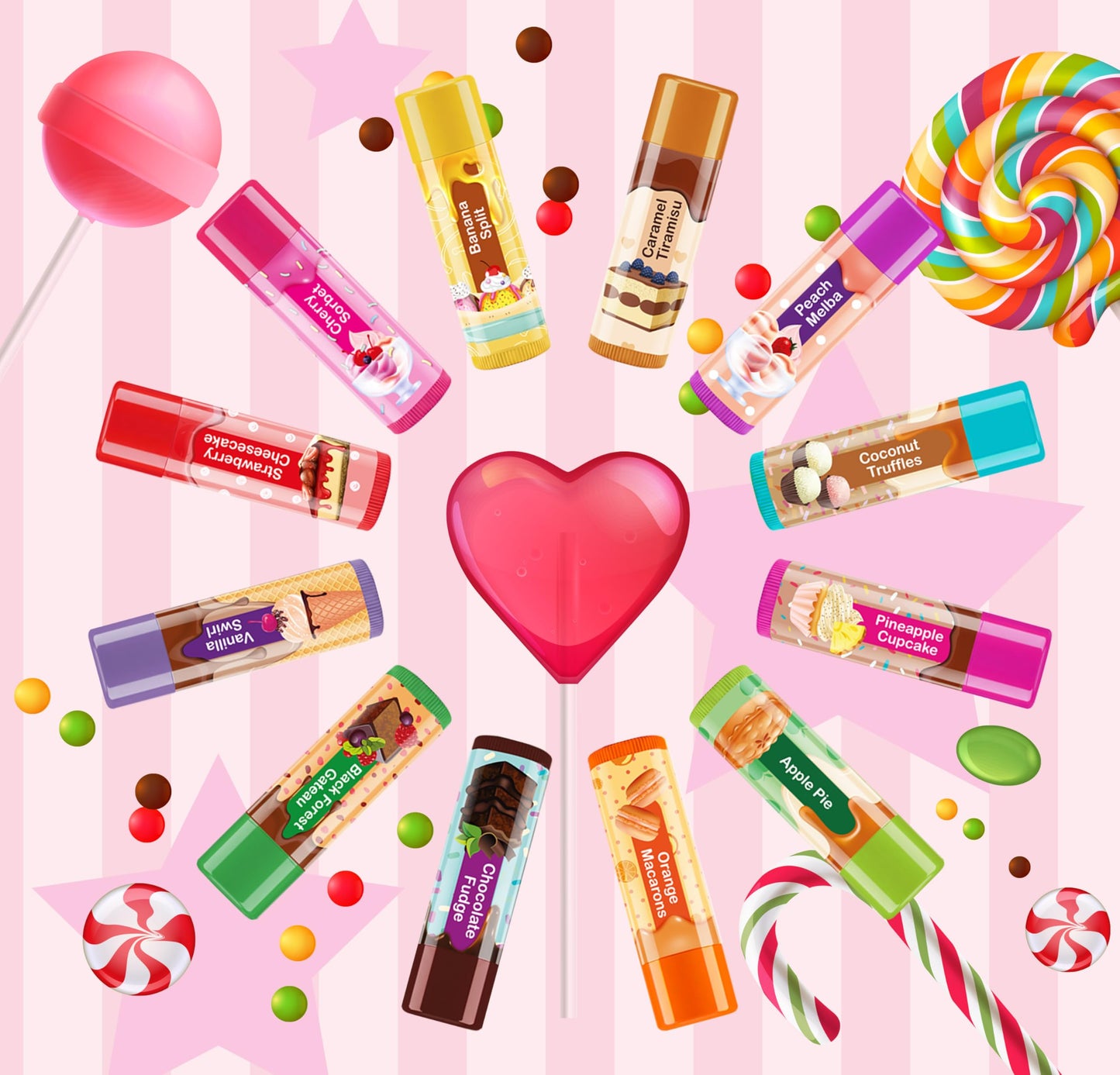 Beauty4Britain Kids Lip Balm Set Sweet Treats - 12 Different Dessert Flavours, Beeswax & Coconut Oil, Colourless, for Girls and Boys