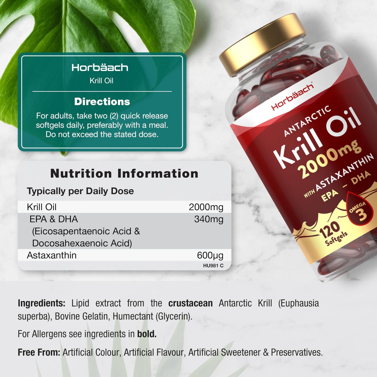 Antarctic Krill Oil 2000mg | 120 Softgel Capsules | High Strength Supplement with Astaxanthin and Omega 3 Fatty Acids EPA/DHA | by Horbaach