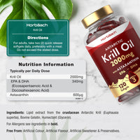 Antarctic Krill Oil 2000mg | 120 Softgel Capsules | High Strength Supplement with Astaxanthin and Omega 3 Fatty Acids EPA/DHA | by Horbaach