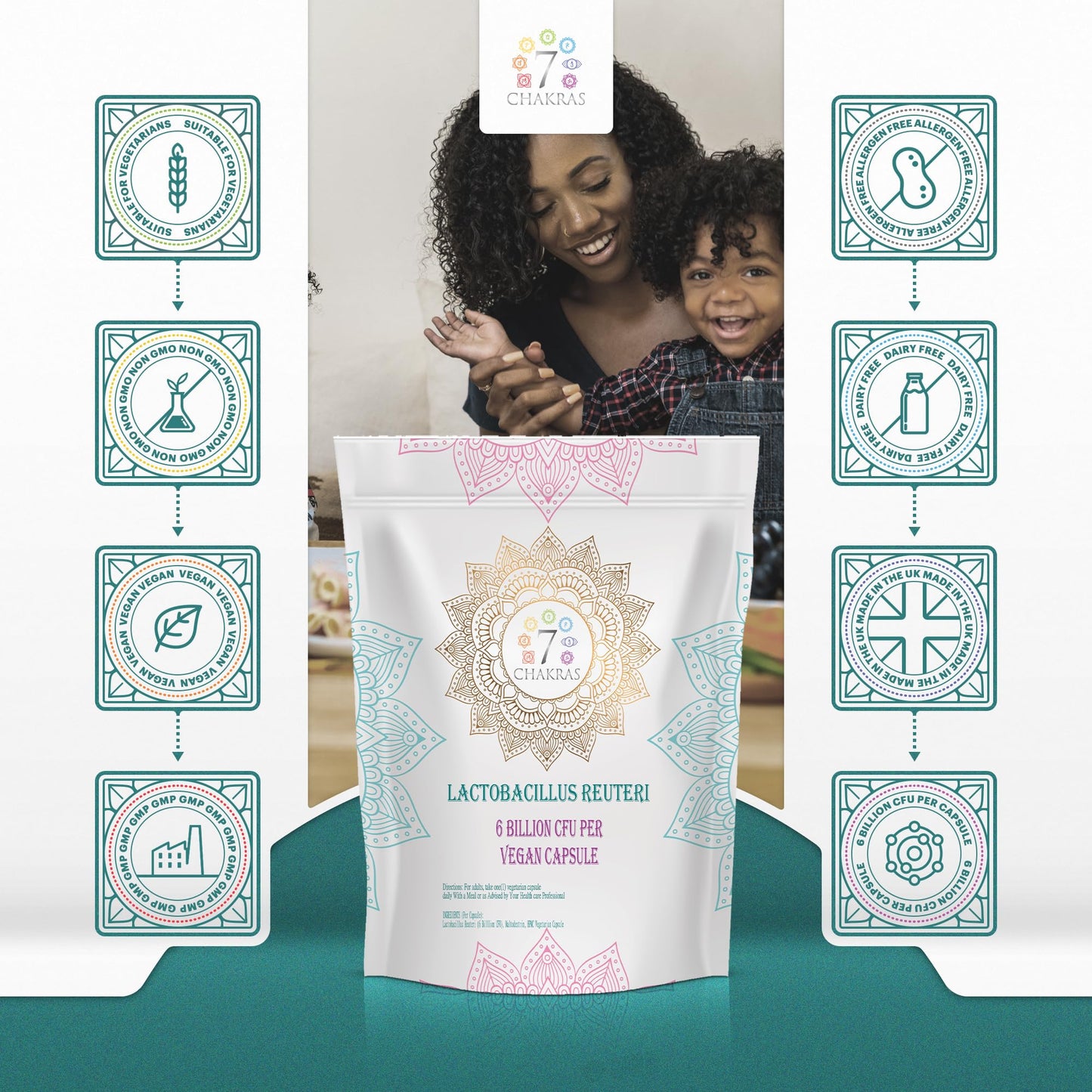 7 Chakras 7C Lactobacillus Reuteri | 30 High Strength L Reuteri Capsules - 6B CFU L-Reuteri Probiotic per Serving | Probiotic Lactobacillus Supplement | Non-GMO, Gluten & Allergen Free | Made in The UK