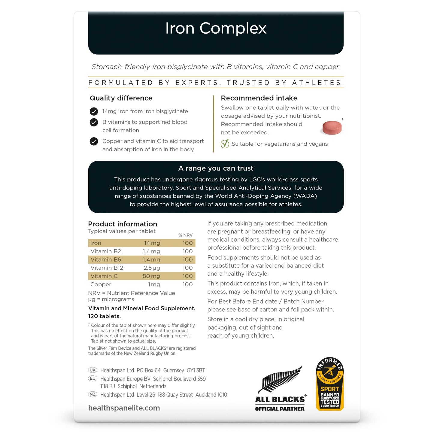 Healthspan Elite Iron Complex 14mg (4 Months’ Supply) | Reduce Tiredness & Fatigue | with Copper & Vitamin C to aid Absorption | All Blacks Official Partner | Informed Sport Accredited | Vegan