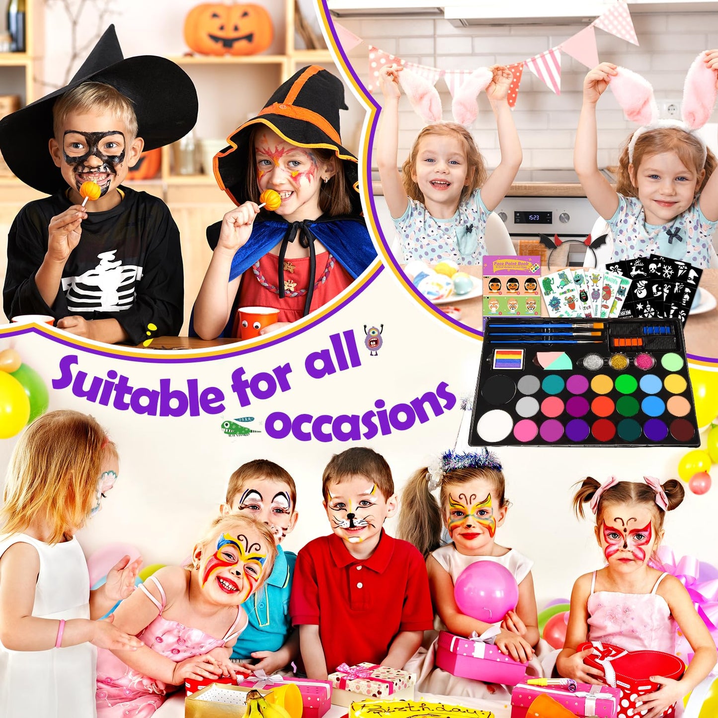 Grriopi Face Painting Kit for Children, 28 Colors Face Body Paints with 3 Brushes 30 Stencils Girls Toys Age 4-9 Carnival Halloween Gifts for Girl 5 6 7 8 9 Year Old Xmas Washable Non Toxic Kids Makeup Set